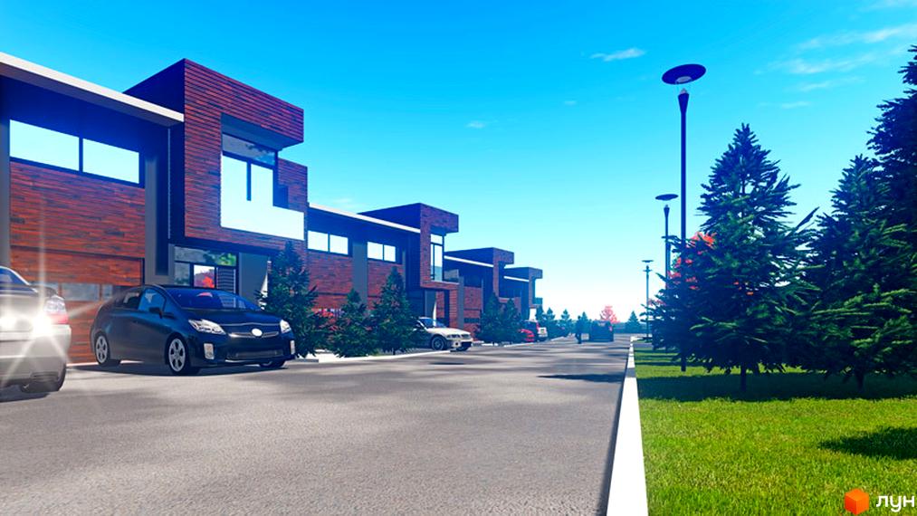 Зображення житлового комплексу GreenVille. Цегляні будинки з великими вікнами та доглянутою прибудинковою територією.