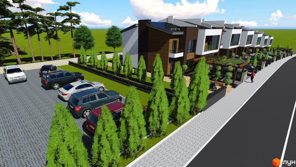 Зображення житлового комплексу таунхаусів з парковкою та зеленими насадженнями. На передньому плані дорога та тротуар, на задньому - будівлі з сучасним дизайном.