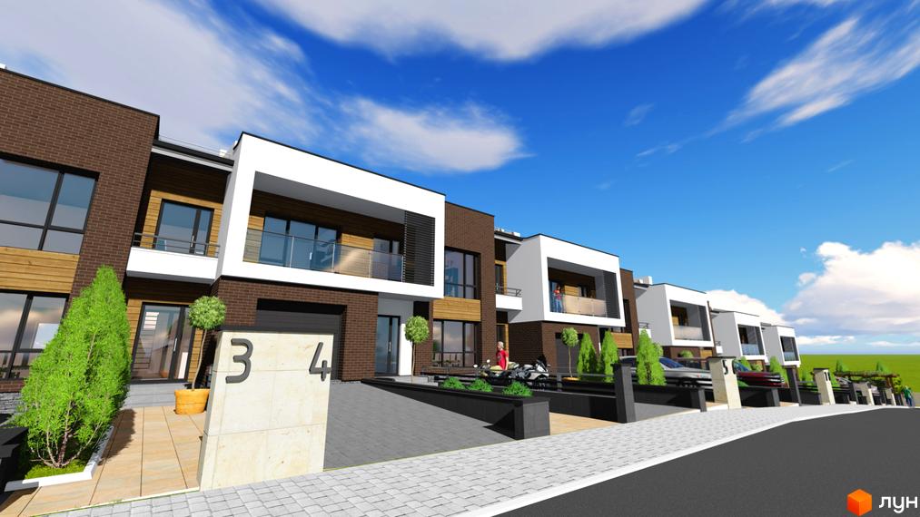Зображення таунхаусів «Горізонт». Сучасні будинки з білими балконами та коричневою цеглою. На території є доглянутий газон, тротуарна плитка та місця для паркування.