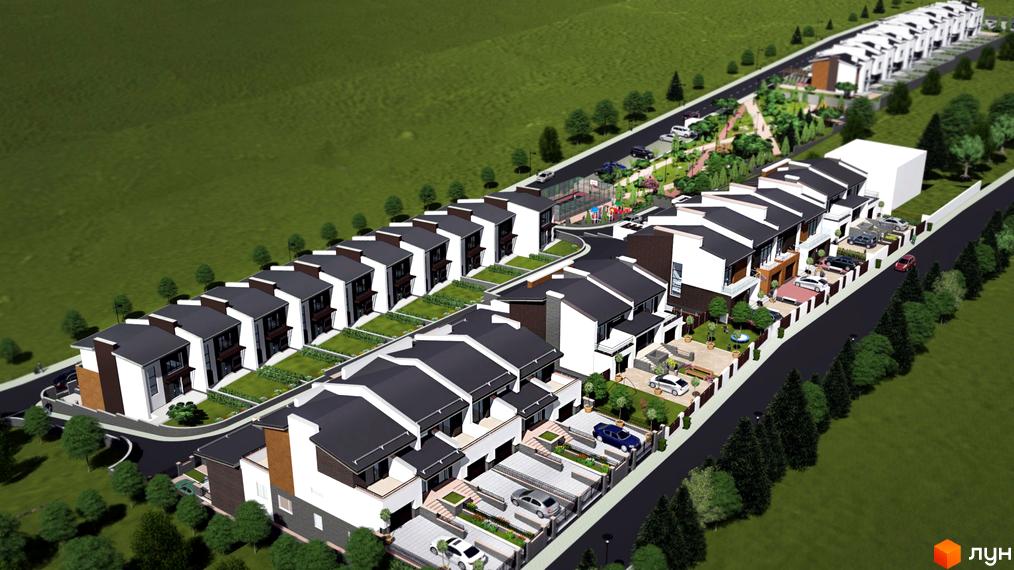 Таунхауси «Горізонт» з білими фасадами та темним дахом. На території комплексу є парковка, зелені зони та дитячий майданчик.