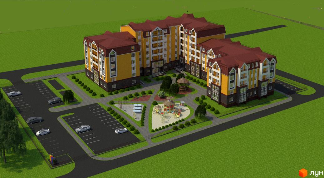 Житловий комплекс Тульчинський посад: жовто-коричневі багатоквартирні будинки з червоними дахами, дитячий майданчик та парковка.