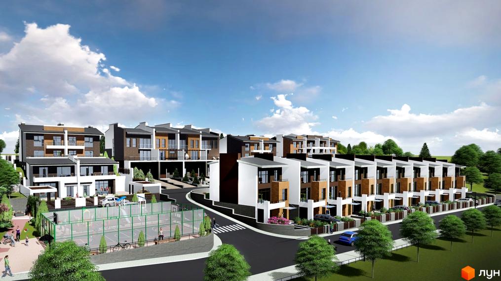 Житловий комплекс «Горизонт». Ряд будинків з терасами та балконами, фасади світлих тонів з дерев'яними вставками. На території комплексу є дитячий майданчик та спортивний корт.