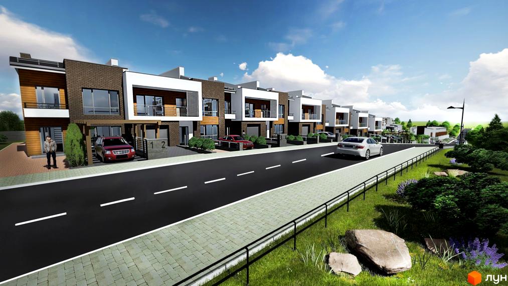 Зображення житлового комплексу таунхаусів «Горизонт». Будинки з коричневої цегли та білими балконами. На території є дорога, газон та дерева.