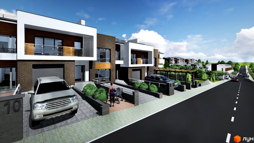 Зображення житлового комплексу з таунхаусами. Фасади будинків виконані з цегли та білого оздоблення. На прибудинковій території бруківка, зелені насадження та парковка.