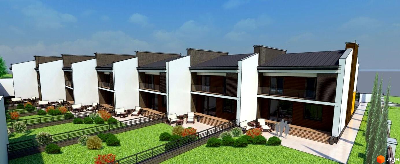 Зображення фасаду будинку житлового комплексу. На передньому плані газон з декоративними рослинами та огорожею.