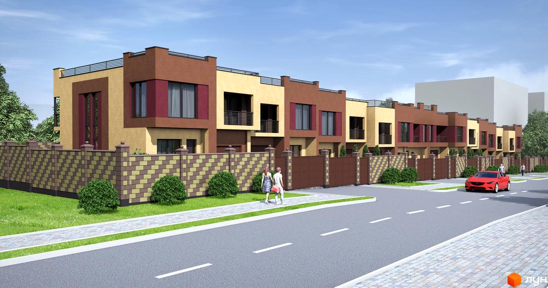 Зображення житлового комплексу Ten Houses. Ряд двоповерхових будинків з коричневими та бежевими фасадами, огороджені парканом. На передньому плані дорога з тротуаром та зеленою зоною.