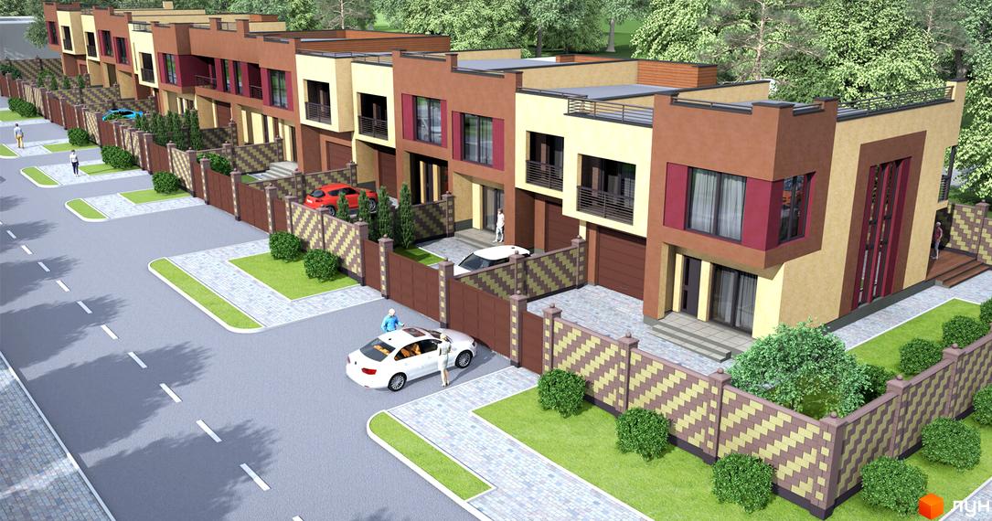 Зображення сторінки житлового комплексу Ten Houses. На фото видно ряд двоповерхових будинків з гаражами та огородженою територією з газонами та кущами.