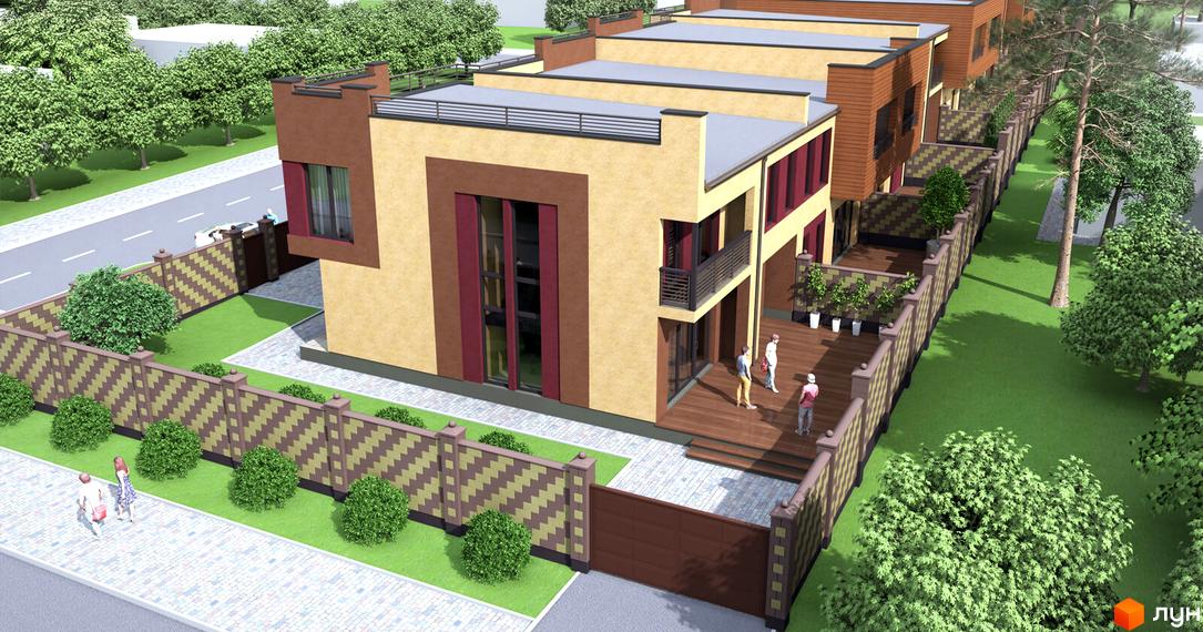 Таунхауси „Ten Houses“ з терасами та панорамними вікнами. Огороджена територія з зеленими насадженнями та доріжками.