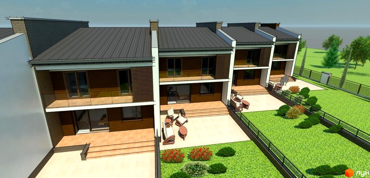 Зображення сторінки житлового комплексу. На фото зображені будинки з коричневими стінами, великими вікнами та терасами. Поряд з будинками розташована доглянута прибудинкова територія з газоном, кущами та огорожею.