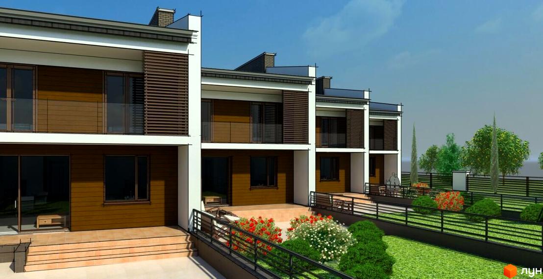 Триповерховий будинок з коричневими фасадами та балконами. На прибудинковій території газон, квіти та зелені насадження.