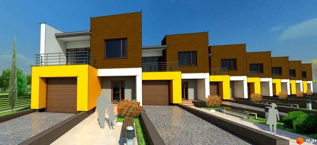 Житловий комплекс з гаражами та балконами. На території комплексу є доріжки з бруківки, лавки та зелені насадження.