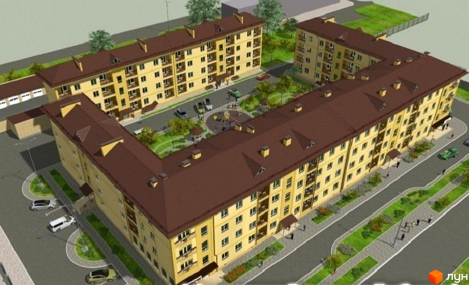 Зображення житлового комплексу Таврійський. На фото багатоповерхові будинки з коричневим дахом та жовтими стінами, поруч з будинками є парковка та дитячий майданчик.