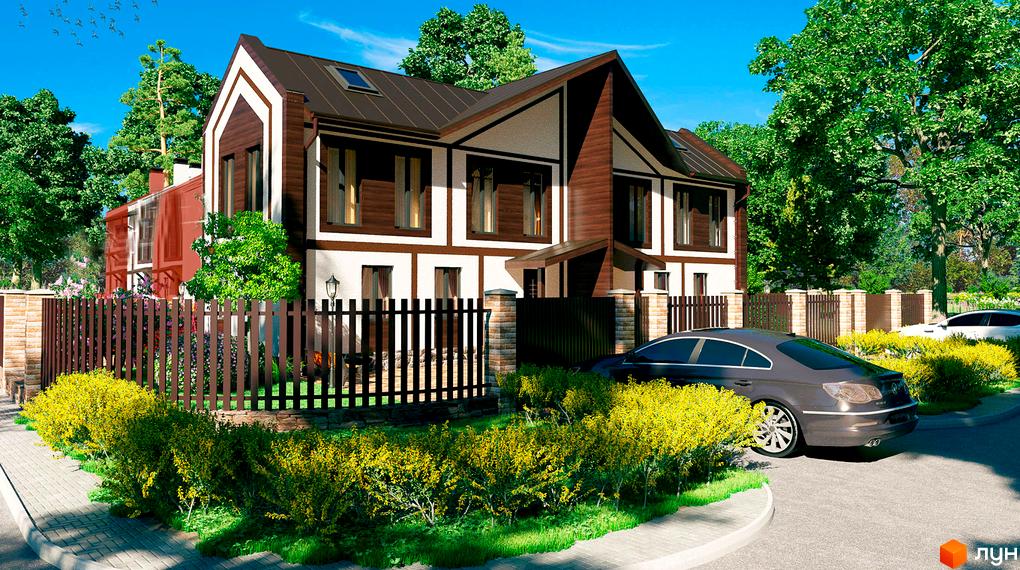 Котеджне містечко КМ Старокиївський: двоповерховий будинок з коричневою та білою обробкою, великими вікнами та темним дахом. Прибудинкова територія з парканом, зеленими кущами та дорогою.