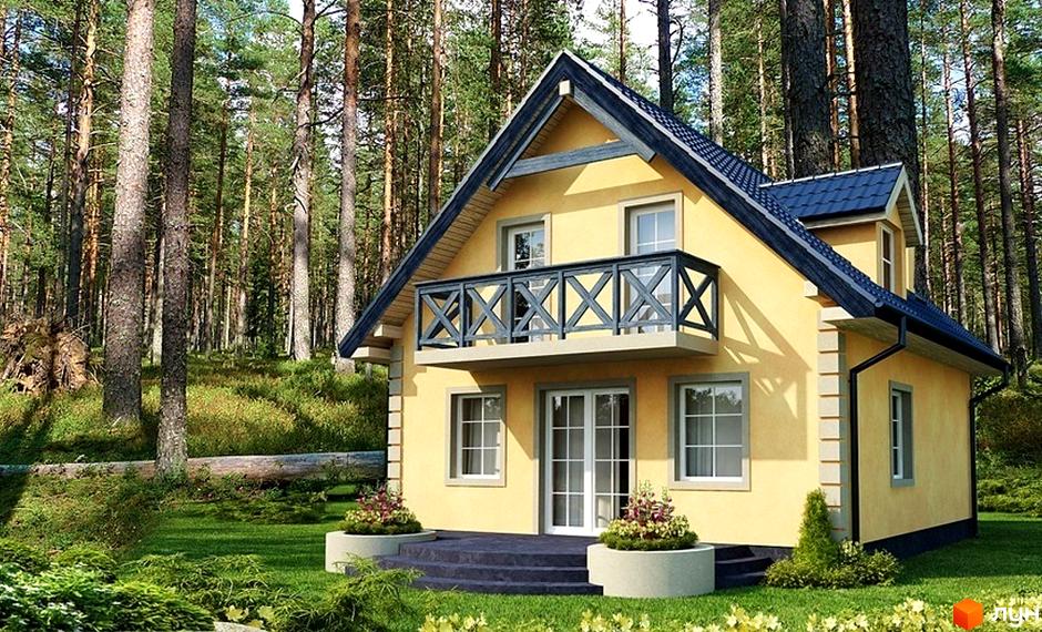 Житловий будинок з жовтими стінами та темно-синім дахом розташований у лісі. На подвір'ї є газон, квіти та зелені насадження.
