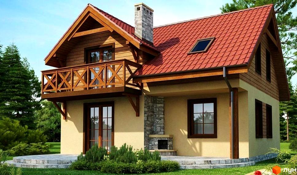 Зображення будинку з червоним дахом, дерев'яними елементами та балконом. На передньому плані газон та зелені насадження, що створюють затишну атмосферу.