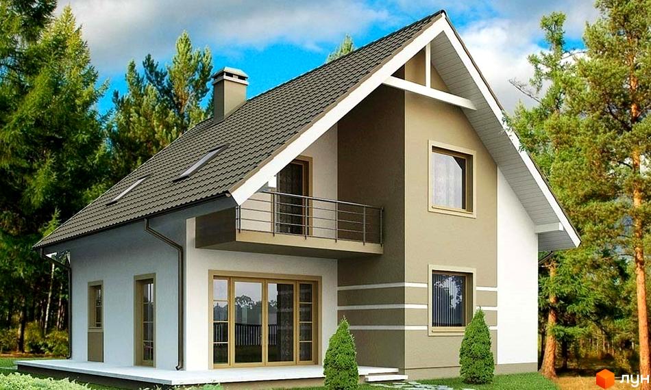 Двоповерховий будинок з темно-сірою черепичною покрівлею, балконом та великими вікнами. На прибудинковій території ростуть хвойні дерева та кущі.