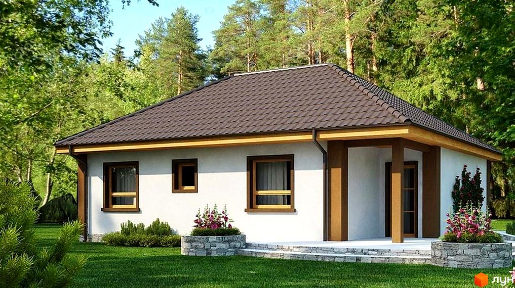 Одноповерховий будинок з коричневою черепицею та дерев'яними вікнами. Біля будинку газон, клумби з квітами та зелені насадження.