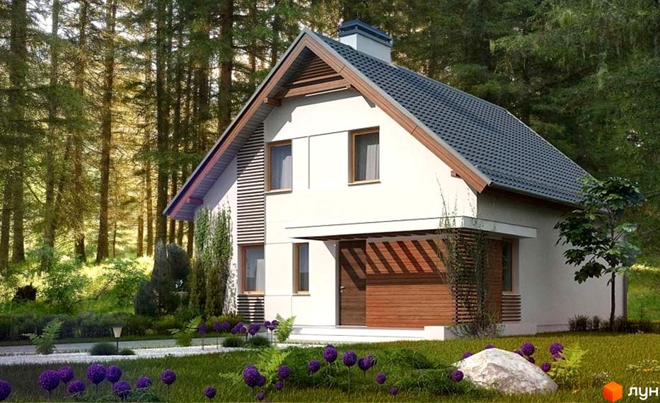 Котеджне містечко Орелька: двоповерховий будинок з темним дахом та білими стінами, розташований серед дерев. Навколо будинку доглянута прибудинкова територія з фіолетовими квітами та великим каменем.