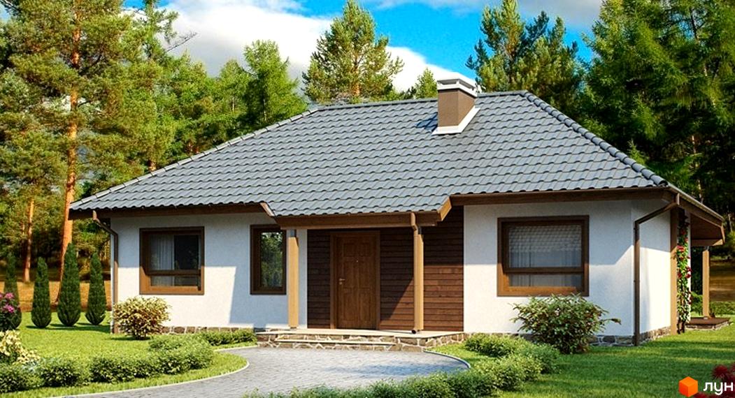 Котеджне містечко Орелька: одноповерховий будинок з сірим дахом та дерев'яним оздобленням фасаду, розташований серед зелених дерев та доглянутого ландшафту.