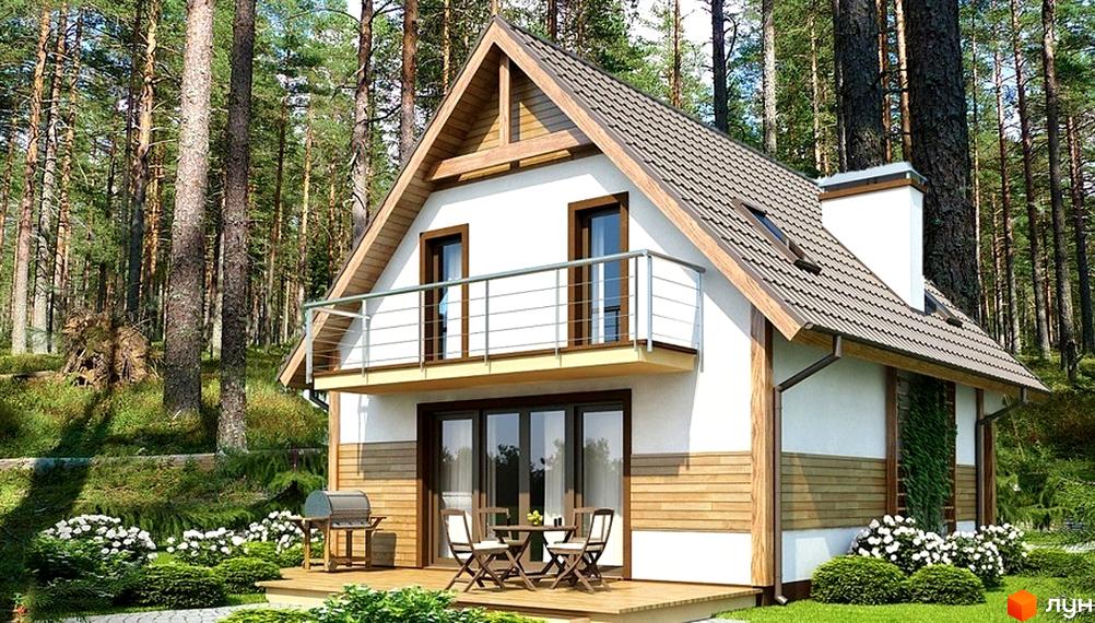 Котеджне містечко Орелька: будинок з білим фасадом, дерев'яними акцентами та балконом, розташований у лісі. Зелена територія з терасою та зонами відпочинку.