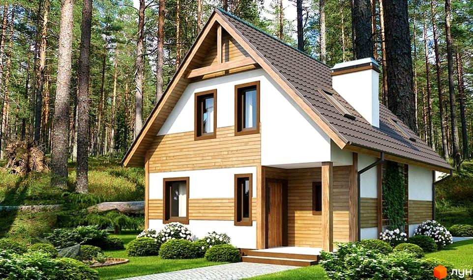 Двоповерховий будинок з дерев'яним оздобленням та білими стінами, розташований у лісі. Навколо будинку доглянутий сад з кущами та квітами.