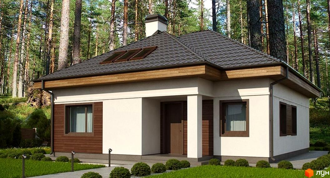 Котеджне містечко Орелька: одноповерховий будинок з темним дахом та дерев'яними елементами фасаду, розташований серед високих дерев. Навколо будинку доглянутий газон та освітлення.