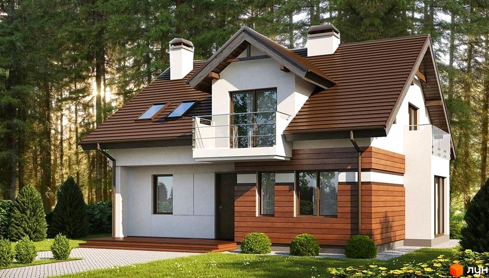 Котеджне містечко Орелька: двоповерховий будинок з коричневим дахом, білими стінами та дерев'яними елементами фасаду. Навколо будинку зелений газон та дерева.