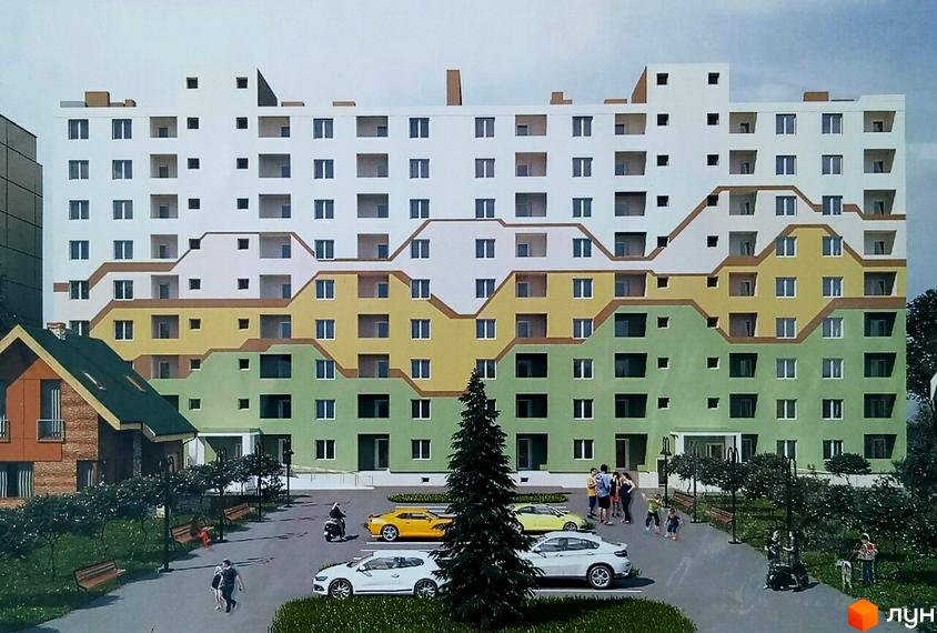 Зображення житлового комплексу Київський квартал. Багатоповерховий будинок з незвичайним дизайном фасаду, поруч прибудинкова територія з деревами, автомобілями та людьми.