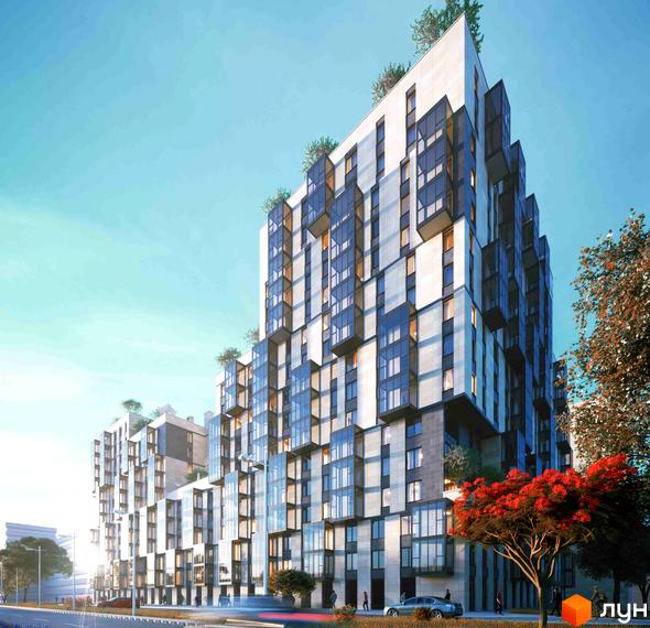 Житловий комплекс Greenville House – це багатоповерхова будівля з нерівномірним фасадом, що складається з скляних та кам'яних блоків. Навколо будівлі розташовані дерева та прибудинкова територія.