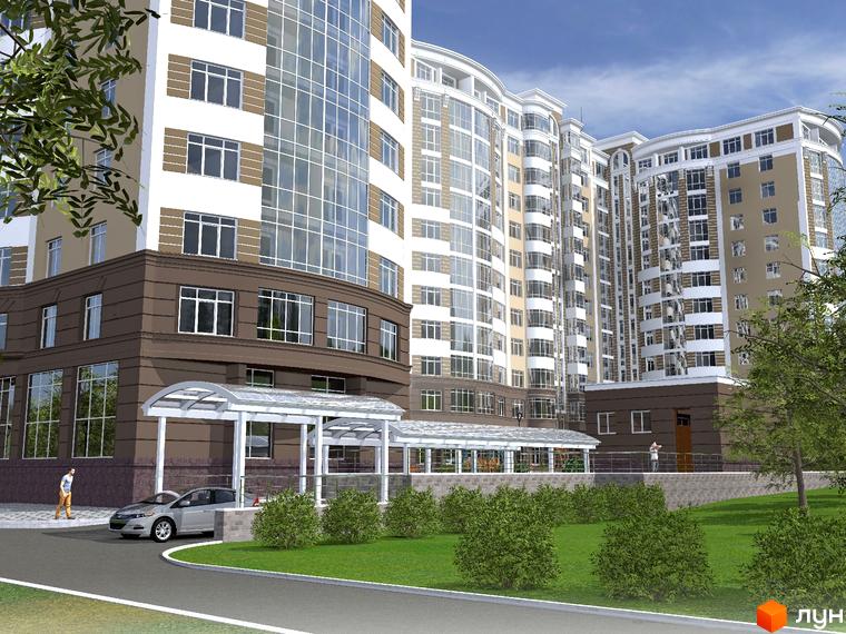 Житловий комплекс Сяйво: багатоповерховий будинок з вигнутими фасадами, скляними секціями та світлими стінами. Навколо зелений газон, кущі та дорога.