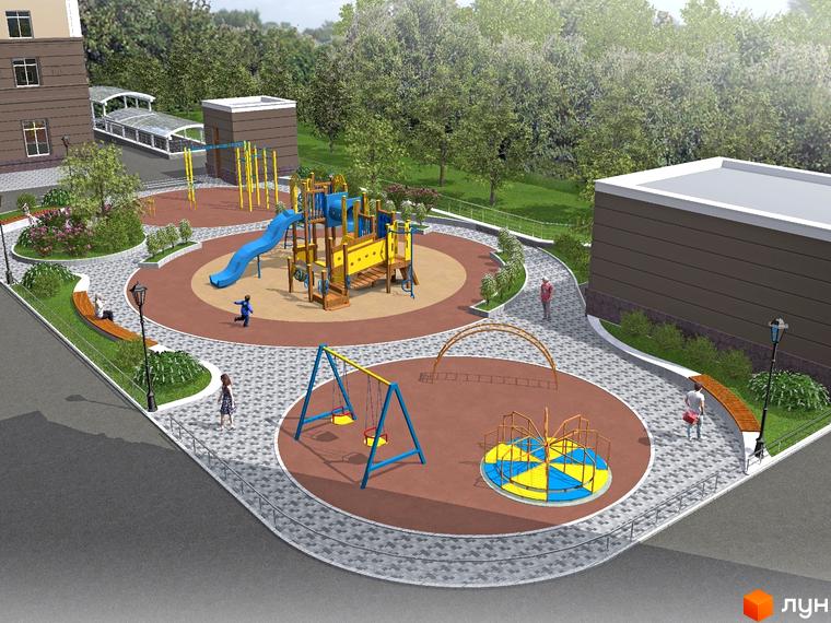 Житловий комплекс Сяйво з коричневими фасадами. Великий дитячий майданчик з гіркою, гойдалками та каруселями, оточений зеленими насадженнями.