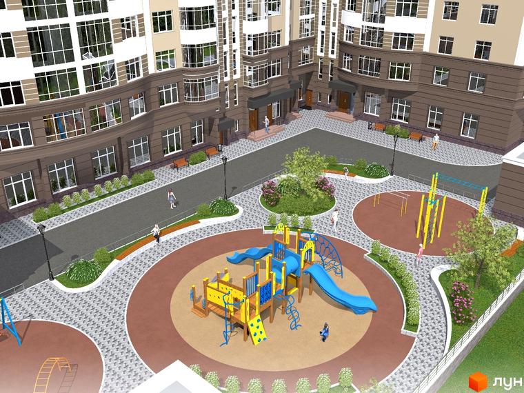 Житловий комплекс Сяйво з багатоповерховими будинками та великими вікнами. Прибудинкова територія має дитячі майданчики, зелені насадження та зони відпочинку.