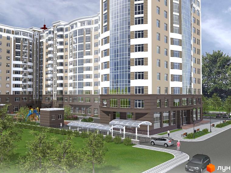 Житловий комплекс Сяйво з бежево-білим фасадом та великими скляними вікнами. Прилегла територія має зелені насадження, дитячий майданчик та пішохідні доріжки.