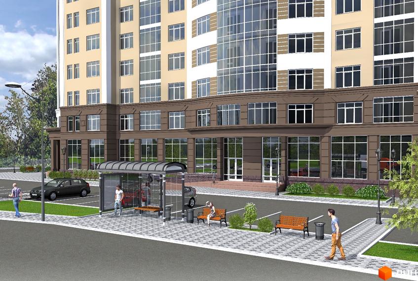 Житловий комплекс Сяйво: багатоповерхова будівля з коричневими комерційними поверхами та світлими житловими секціями, поруч облаштована територія.