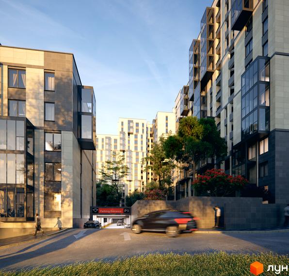 Житловий комплекс Greenville House з фасадами з світлого каменю та скляними елементами. Навколо новобудови зелені насадження та облаштована прибудинкова територія.