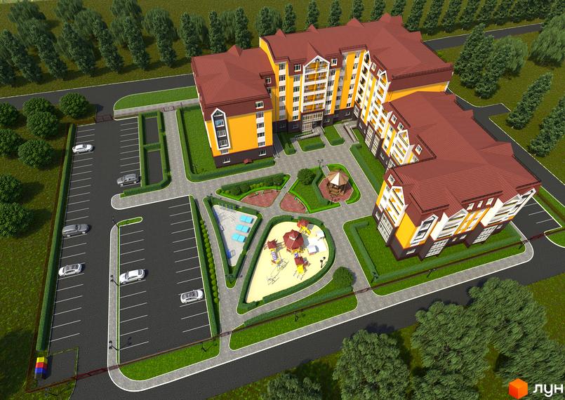 Житловий комплекс Тульчинський посад – це сучасна новобудова з жовто-коричневими фасадами та червоним дахом. Прибудинкова територія включає паркінг, дитячий майданчик та зелені зони.