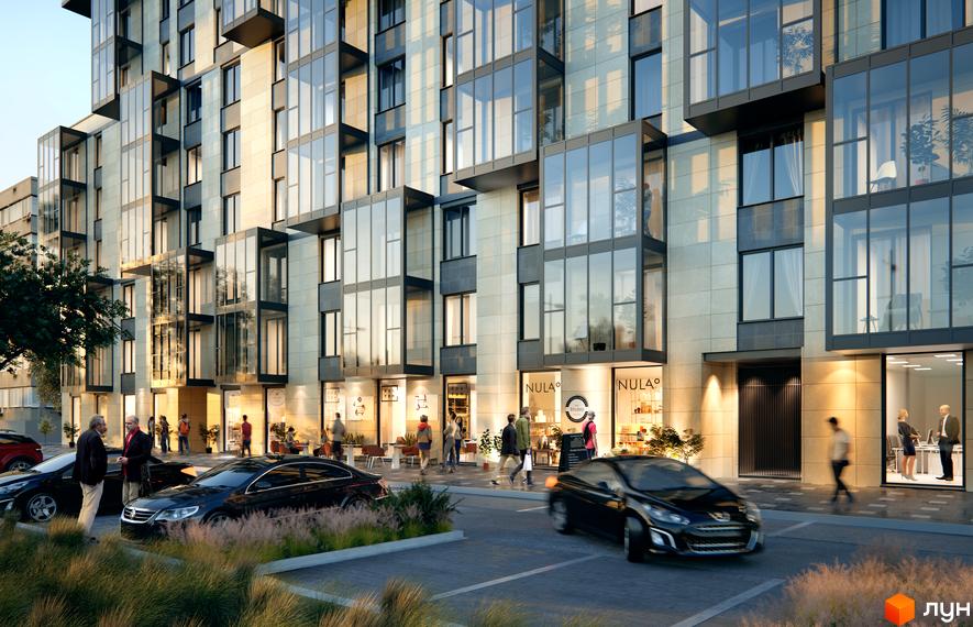 Новобудова Greenville House з панорамними вікнами та балконами. Перед будинком розташована парковка та тротуар з пішоходами.