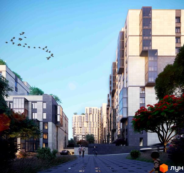 Сучасний житловий комплекс Greenville House з багатоповерховими будинками та доглянутою прибудинковою територією. Архітектура новобудови вирізняється геометричними формами та великою кількістю скління.