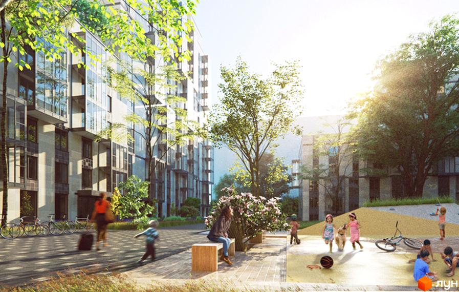 Житловий комплекс Greenville House з елегантною фасадною частиною та просторою прибудинковою територією з дитячим майданчиком та зонами відпочинку. Зелені насадження та сучасна архітектура створюють комфортне середовище для життя.