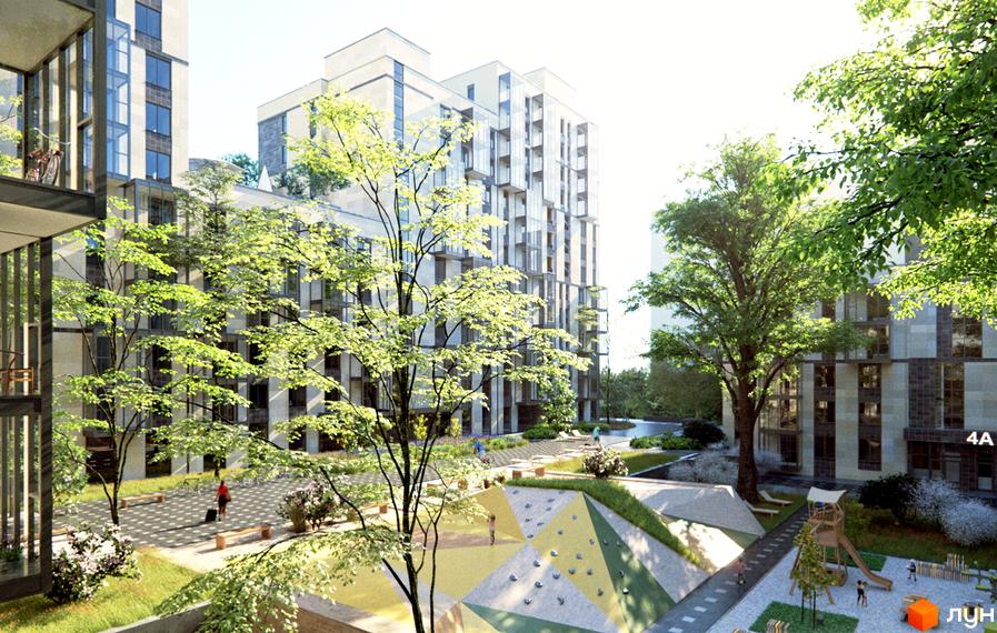 Візуалізація житлового комплексу Greenville House з фасадами з натурального каменю та скляними елементами. На прибудинковій території розташовані зелені зони, дитячий майданчик та місця для відпочинку.