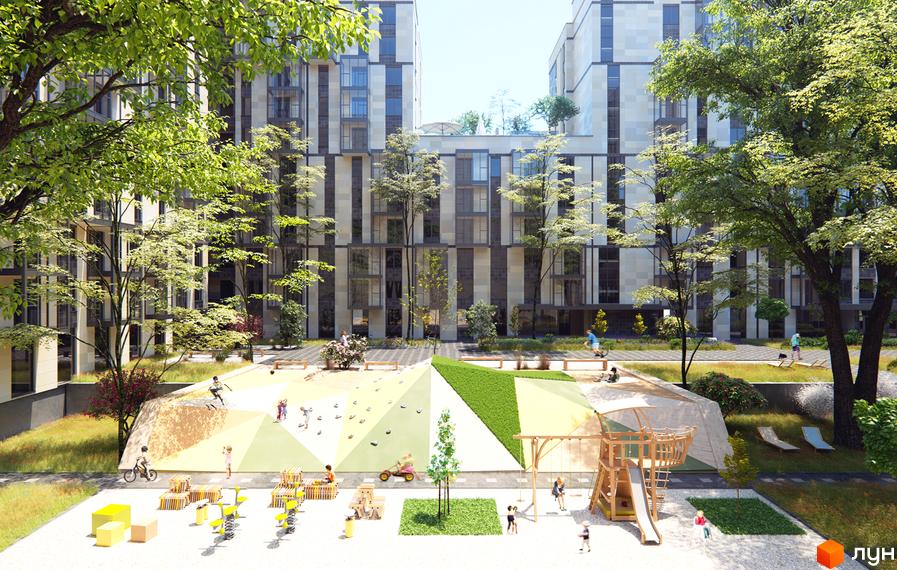 Житловий комплекс Greenville House з дитячим майданчиком та зонами відпочинку. Сучасна архітектура будівель та зелена прибудинкова територія для комфортного життя.