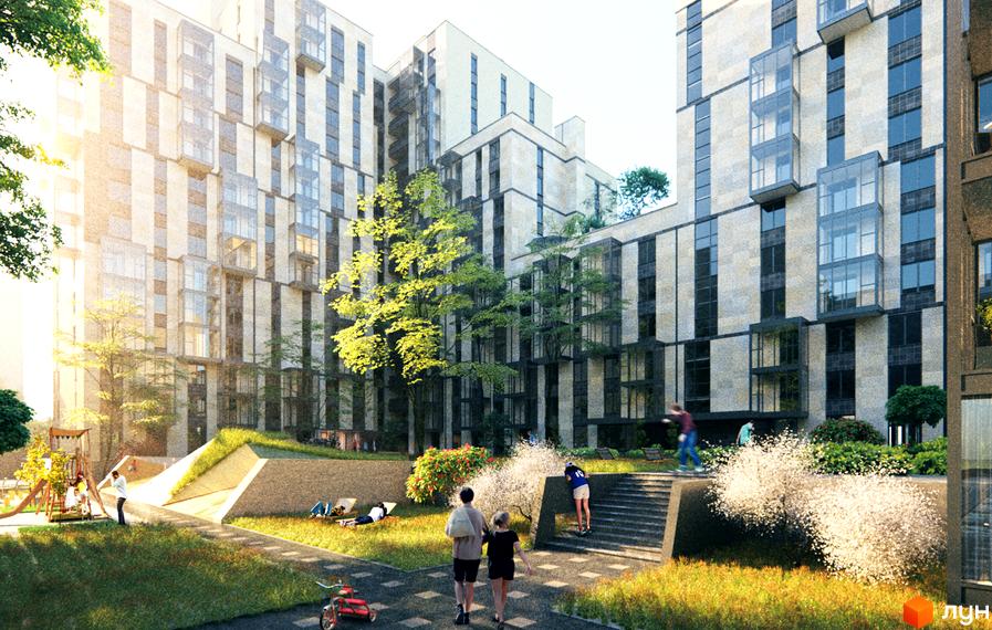 Зовнішній вигляд ЖК Greenville House з елегантним фасадом та скляними балконами. На прибудинковій території зелені насадження, дитячий майданчик та місця для відпочинку.