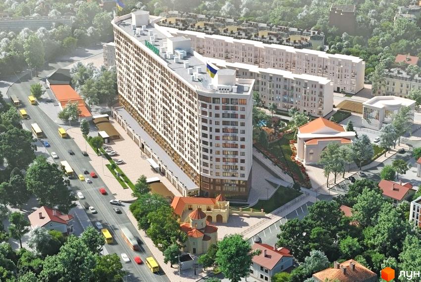 Зовнішній вигляд житлового комплексу Тридцять перша перлина з фасадом з вікон та прибудинковою територією з деревами та дорогою. Новобудова з вигнутим фасадом.