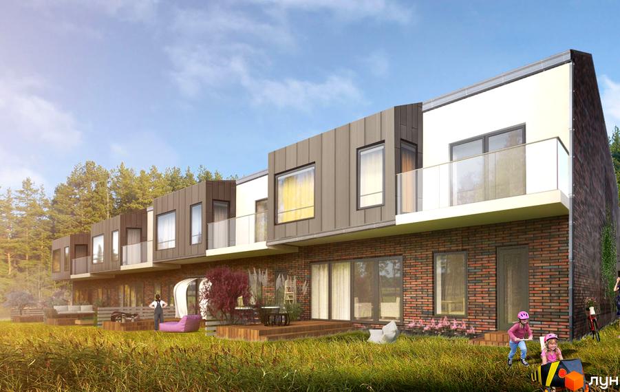 Котеджне містечко Рясне-Руське. Зовнішній вигляд будинків з цегляним фасадом та великими вікнами. Прибудинкова територія з зеленими насадженнями та дитячими майданчиками.