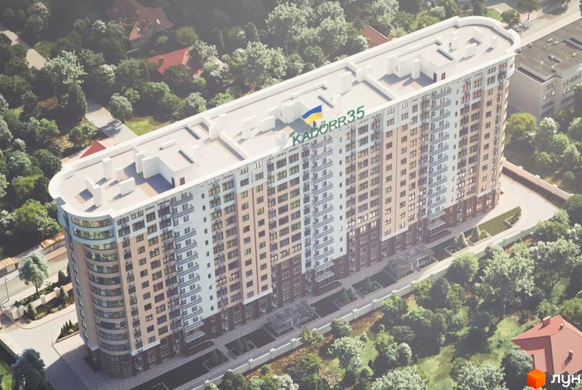 Житловий комплекс Тридцять п'ята перлина - висотна будівля з вигнутим фасадом та балконами, оточена деревами та доглянутою прибудинковою територією.