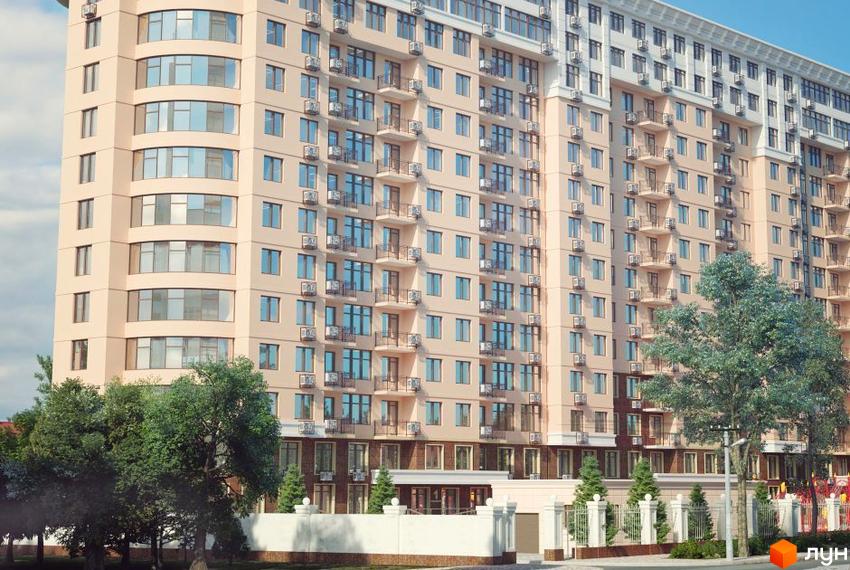 Зовнішній вигляд багатоповерхового будинку ЖК Тридцять п'ята перлина з численними кондиціонерами та балконами. На передньому плані видно зелені дерева та огорожу.