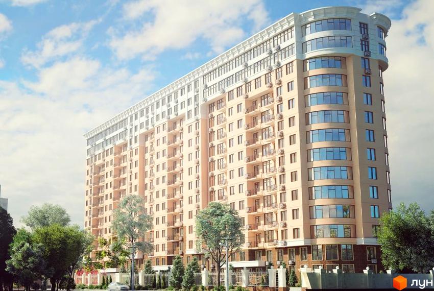 Зовнішній вигляд житлового комплексу Тридцять п'ята перлина з фасадом світло-бежевого кольору та великими вікнами. Навколо будинку зелені дерева та огороджена територія.