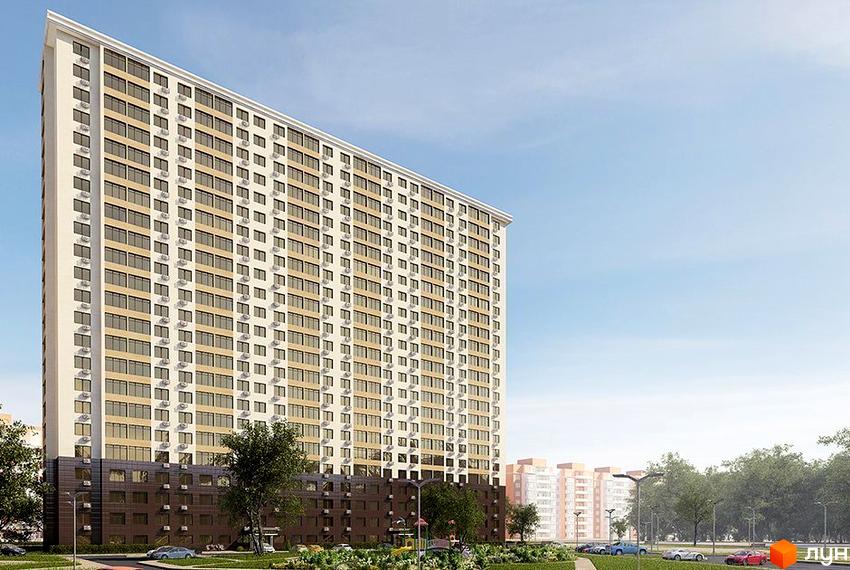 Зображення багатоповерхового будинку в Житловому комплексі Тридцята перлина. Навколо будинку зелені насадження та доглянута територія.