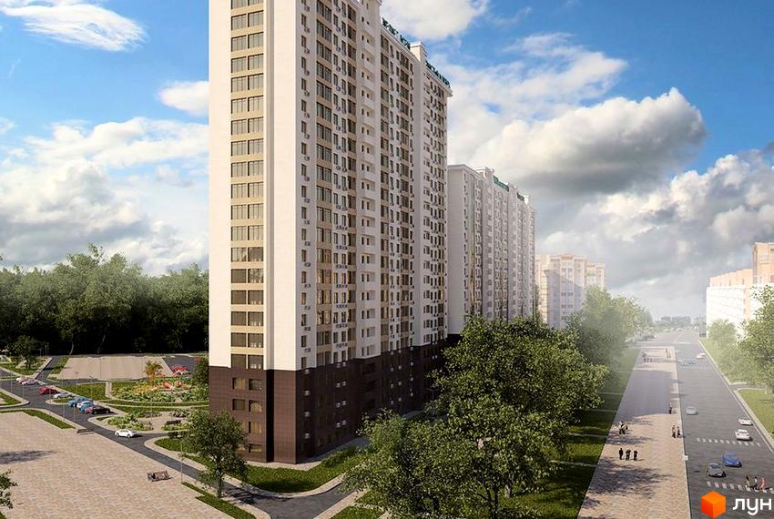 Зображення Житлового комплексу Тридцята перлина. Високий багатоповерховий будинок з великою прибудинковою територією, де є дорога та зелені насадження.