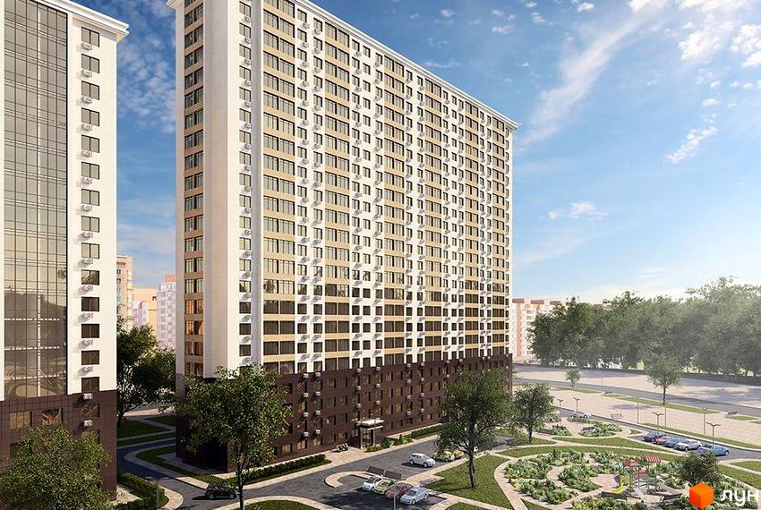 Вид на висотний житловий комплекс Тридцята перлина зі світлим фасадом та темним цоколем. На прибудинковій території розташовані зелені зони та дитячий майданчик.